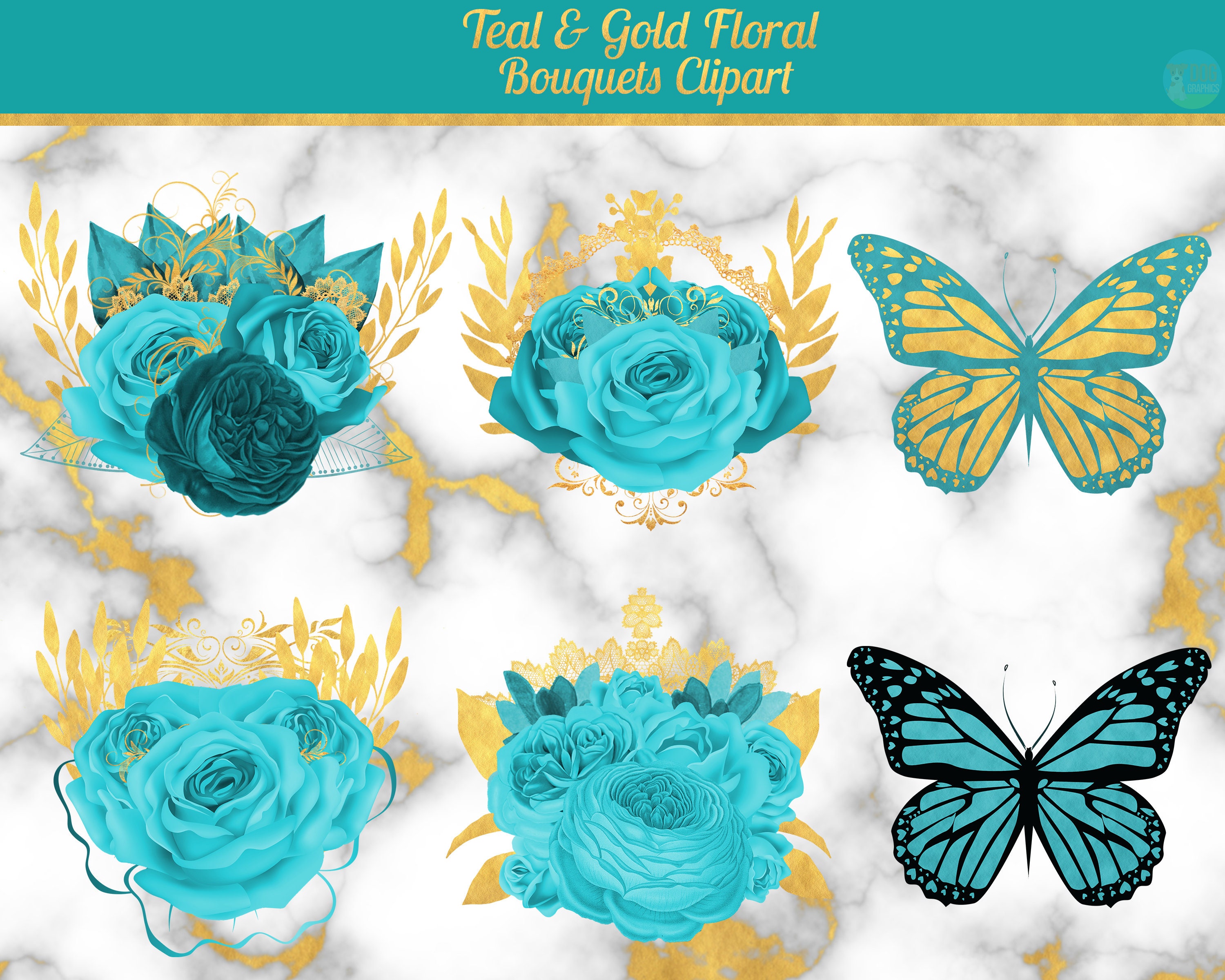 Teal and Gold Floral Clip Art Teal Gold Digital Instant | Etsy