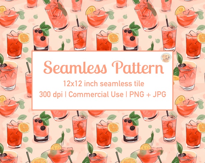 Cocktail Watercolor Seamless Pattern, Cocktail Digital Paper ...