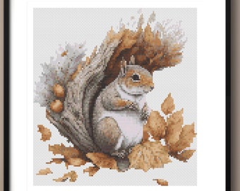 Autumn Squirrel Whispers Cross Stitch PDF Pattern | 8.4" x 9.1" | 35 DMC Colors