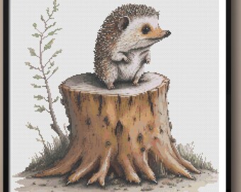 Hedgehog Lookout Cross Stitch PDF Pattern | 14.5" x 13.9" | 36 DMC Colors