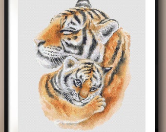 Tiger's Embrace Cross Stitch PDF Pattern  | 9.2 x 12.5 inches | 45 DMC Colors