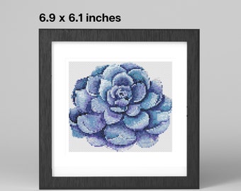 Blue Succulent Cross Stitch Pattern  - 6.9 x 6.1 Inches - 28 DMC Colors