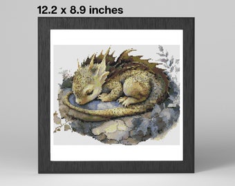 Slumbering Baby Dragon Cross Stitch Pattern - 12.2 x 8.9 inches - 38 Colors