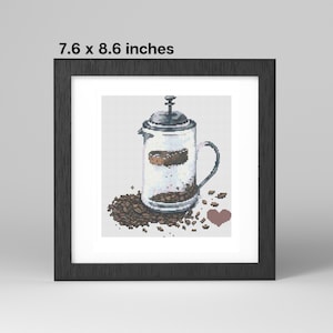 Vintage French Press Cross Stitch Pattern PDF - Café Amour (7.6” x 8.6”, 34 DMC Colors)