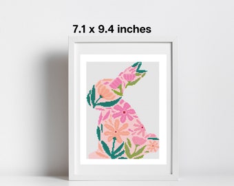 Flower Bunny Cross Stitch Pattern  - 7.1 x 9.4 Inches - 12 DMC Colors