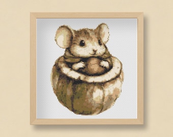 Schema punto croce "Topolino ghianda autunnale" in PDF / 5,9" x 7,4" / 13 colori DMC