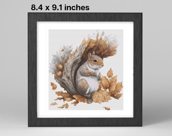 Autumn Squirrel Whispers Cross Stitch PDF Pattern - 8.4 x 9.1 Inches - 35 DMC Colors