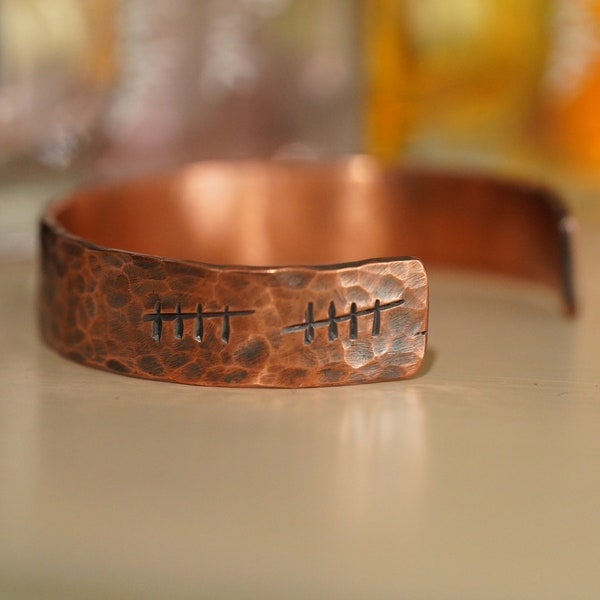 Anniversary gift for him,gift for husband,wife,copper cuff bracelet,handmade,present,girlfriend,boyfriend,tally marks, roman numerals