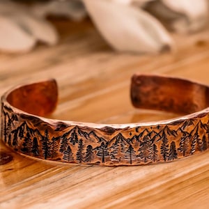 Copper Bracelet,Cuff Bracelet,Handmade Jewellery,Present for him,Present for her,Unisex,Anniversary gift,Trees,Mountains,Adventure,Travel