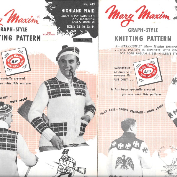 Vintage 50's Men's Cowichan Cardigans Highland Plaid w/ Matching Tam-o-Shanter & Indian Eagle Mary Maxim Graph-Style Knitting Patterns