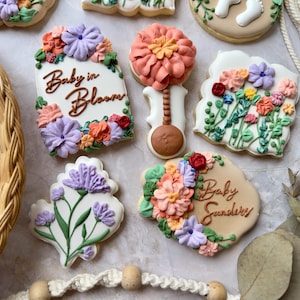 1 Dozen ‘Baby in Bloom’ Themed Royal Icing Sugar Cookies.
