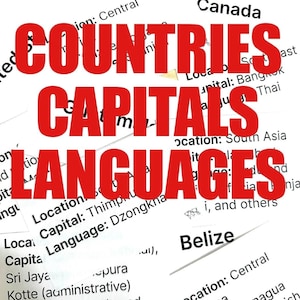 Countries, Capital & Languages Flashcards. Downloadable Printable Cards. Instant Digital Download