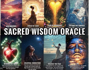 May include: A set of eight oracle cards with the title "SACRED WISDOM ORACLE" in large white letters. Each card features unique artwork and text, including phrases like "NEW HORIZONS" and "MENDING THE HEART". The cards have a mystical and spiritual theme.