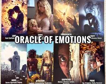 May include: A collection of oracle cards titled "Oracle of Emotions". Each card features evocative imagery and keywords such as "Love", "Hurt", "Forgiveness", "Anxiety", "Grief", "Affection", "Suspicion", and "Pride".