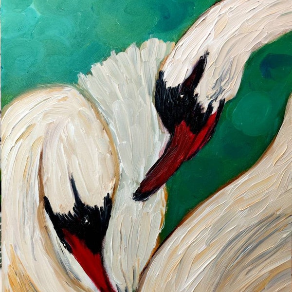 Original oil painting "Swans"Oil pictorial art Classic impasto style Small sized painting Interior decoration Gift for newlyweds Wall art