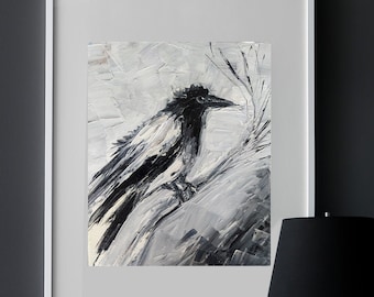 Pintura al óleo original de pájaros, arte de pared de cuervo en blanco y negro, pintura de cuervo empastada sobre lienzo, obra de arte animal