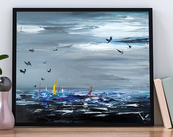 Origineel abstract schilderij zeilboot, kunst aan de muur stormachtige oceaan, origineel zeegezicht olieverfschilderij, modern zeemuurdecor