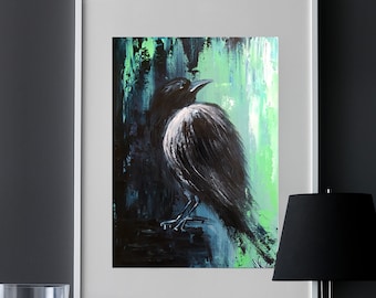 Academia escura Pintura a óleo original de corvo preto, Arte de parede de pássaros e animais, Decoração de parede de corvo, Arte de vida selvagem 16 por 12"