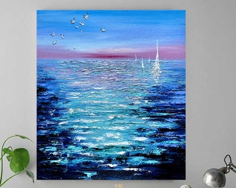 Abstract zeilboot canvas schilderij origineel, grote oceaan boot kunst aan de muur, nautisch olieverfschilderij, paletmes schilderij, zeilboten kunst