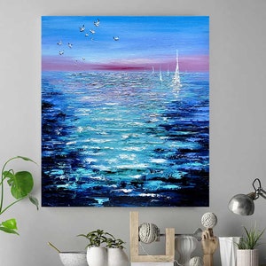 Abstrakte Segelboot Leinwand Malerei Original, große Ozean Boot Wandkunst, nautische Ölgemälde, Spachtel Malerei, Segelboote Kunst