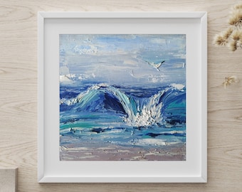Abstrakt textur blå våg oljemålning original, havskonst, abstrakt strand väggkonst impasto havslandskapskonst, palettknivkonst