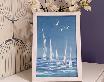 Indigoblauw abstract zeegezicht schilderij, oceaan kunst aan de muur, zeilen abstract origineel schilderij, kunst zeilen decor, witte regatta