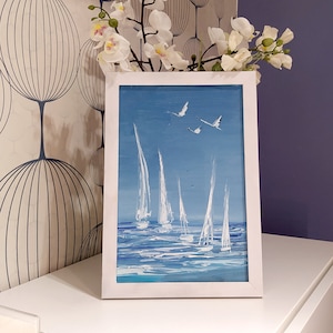 Pintura abstrata de paisagem marinha azul índigo, arte de parede do oceano, pintura original abstrata de vela, decoração de arte de vela, regata branca