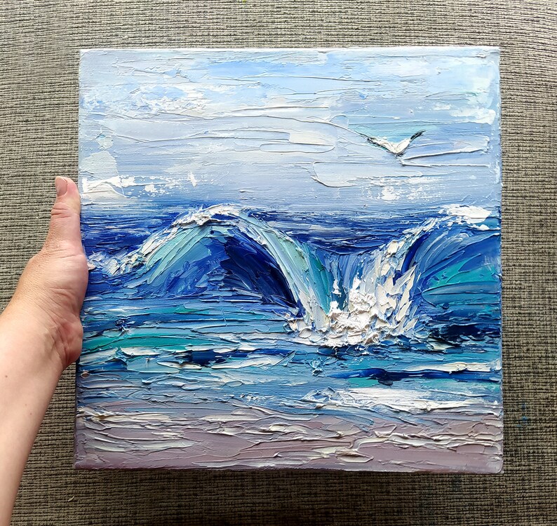 Abstract Texture Blue Wave Oil Painting Original, Ocean Canvas Art ...