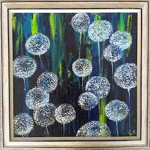 Floral original painting, Optimistic painting, Dandelion wall art, Blowball black and white oil artwork,  wildflower home decor