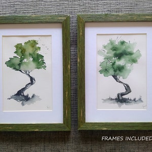 Zen Bonsai tree Watercolor Paintings original, Tree wall art, Set of 2 tree drawings, tree sketch, Zen Painting tree, mini art works