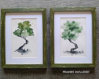 Zen Bonsai tree Watercolor Paintings original, Tree wall art, Set of 2 tree drawings, tree sketch, Zen Painting tree, mini art works