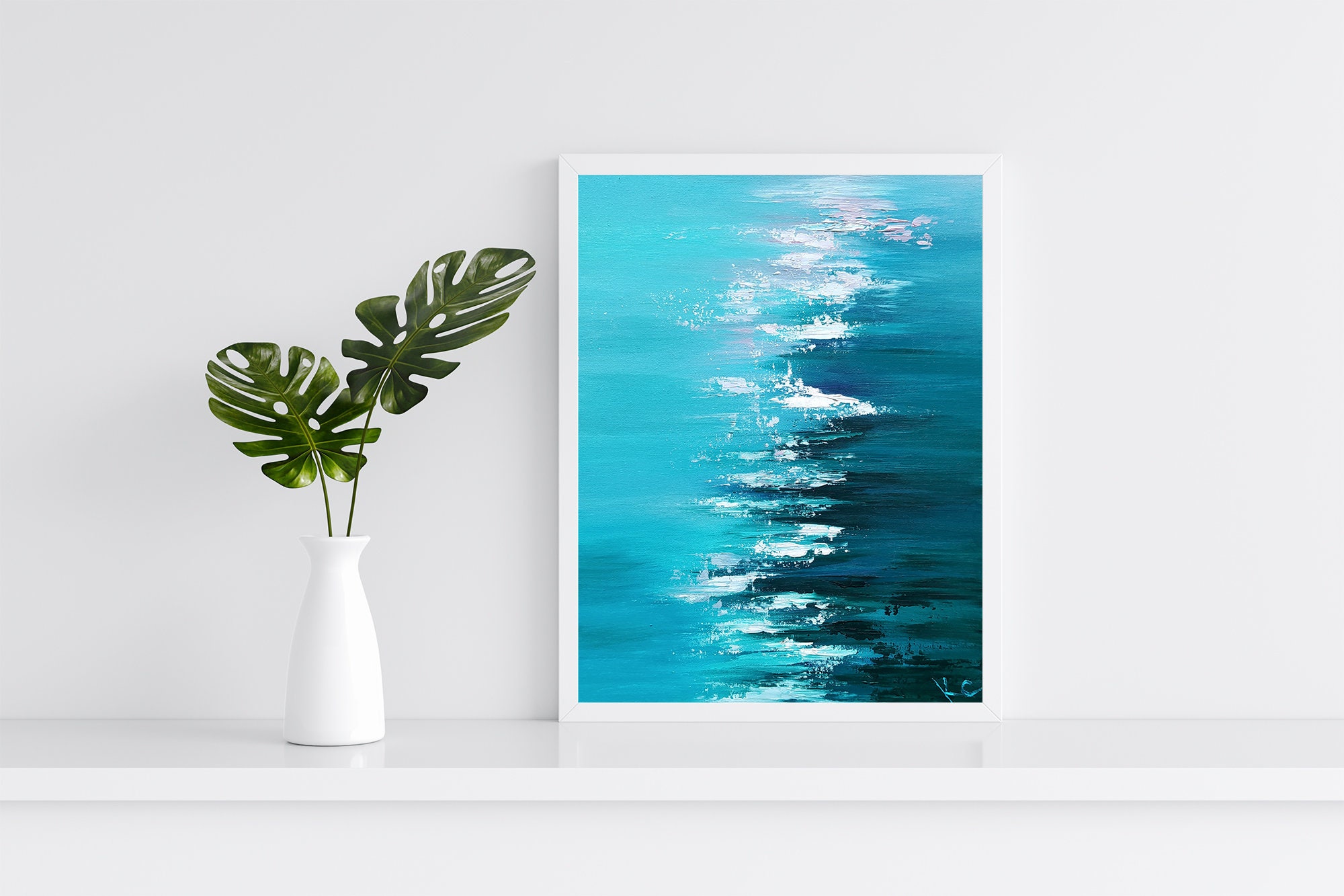 Abstract Ocean Waves Oil Painting Original, Blue Sea Water Wall Art ...
