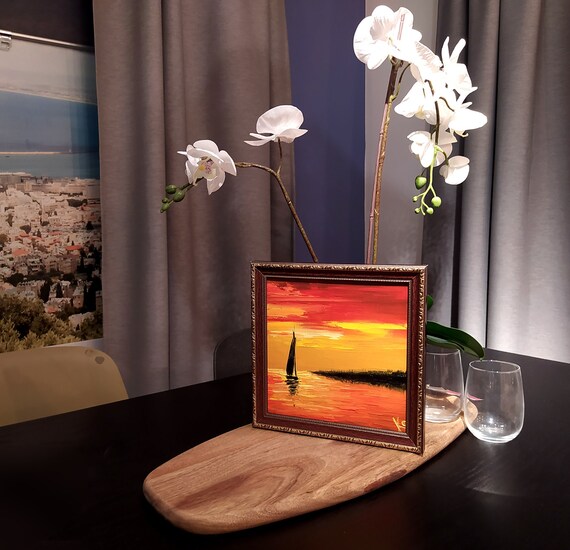 オレンジ色の夕日の海の風景油絵、オリジナルキャンバスの海のアート