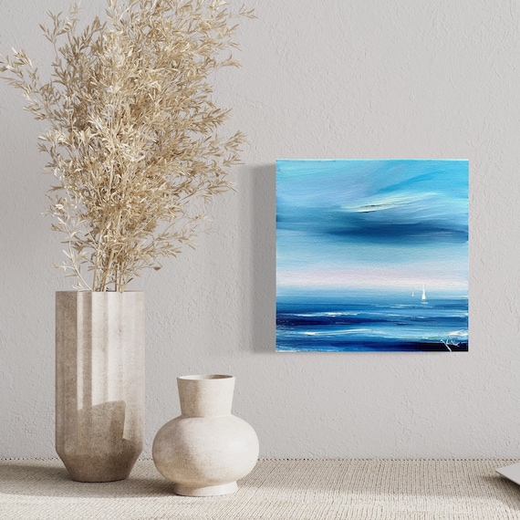 Abstract Sailboat oil painting original, small ocean oil painting, Nautical sailboat art on canvas, Relaxing art, navy small artwork