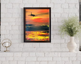 飛行機の絵画 夕焼け オリジナルアート ボーイング スカイ