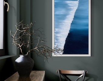 Abstract oceaan schilderij canvas originele indigo zeegezicht kunst aan de muur moderne kunst aan de kust, minimalistische kunst marineblauwe muur kunst hedendaagse kunst
