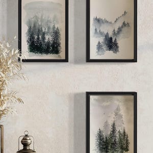 Set di 3 dipinti ad acquerello di pini originali, arte murale di foresta nebbiosa, mini opera d'arte di paesaggio neutro, dipinto ad acquerello di alberi, miniatura