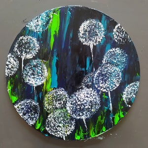 Pintura a óleo abstrata de dente-de-leão original, decoração floral de flores silvestres para casa, pequena obra de arte redonda feita à mão, pintura otimista, arte vegetal