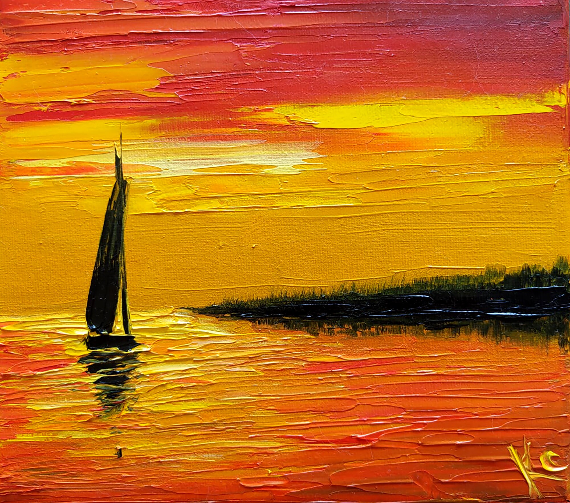 オレンジ色の夕日の海の風景油絵、オリジナルキャンバスの海のアート