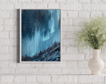 Night Sky Lights landscape original painting, Stars at Night over Mountains artwork, Sky Aurora wall art, Northern Lights Fine Art original