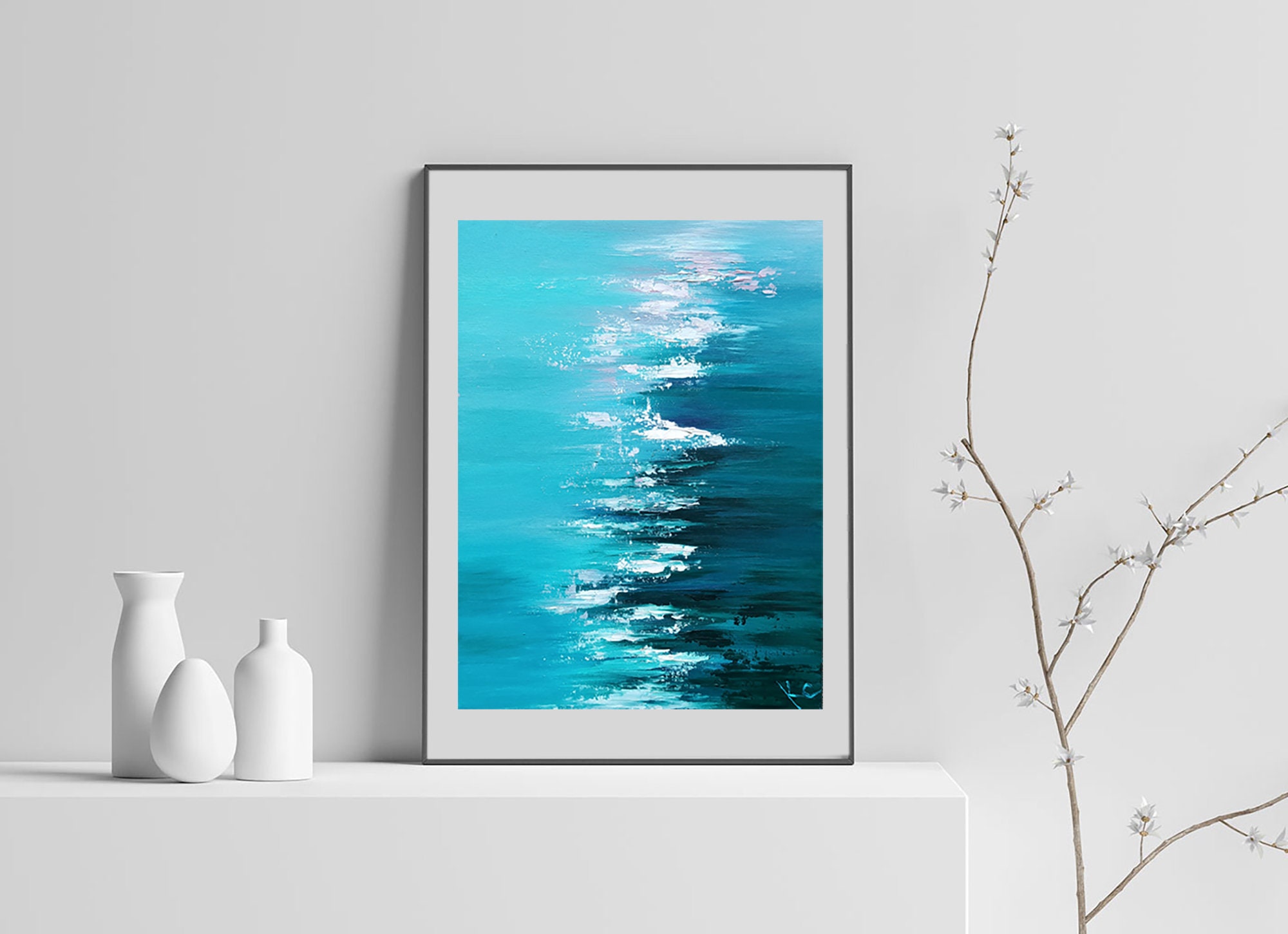 Abstract Ocean Waves Oil Painting Original, Blue Sea Water Wall Art ...