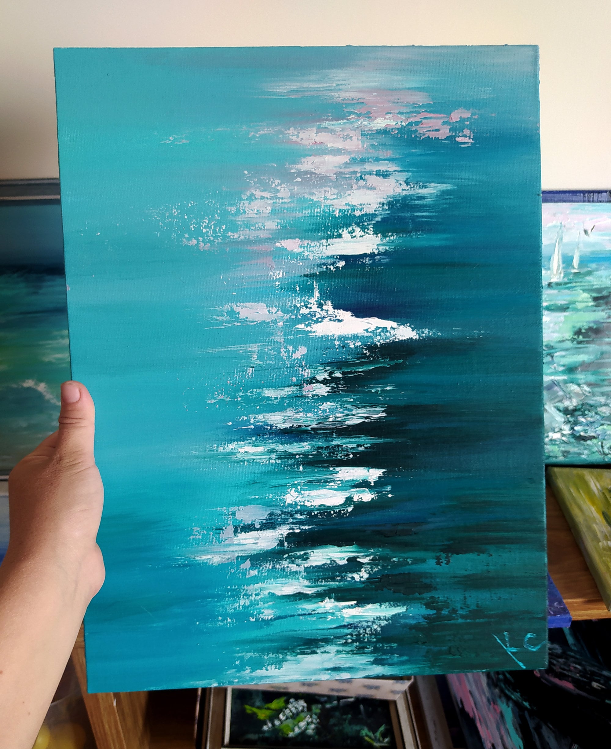 Abstract Ocean Waves Oil Painting Original, Blue Sea Water Wall Art ...