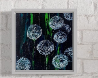 Minimalist Floral Art White Dandelion Painting Contemporary Floral Art  decore Elegant Floral  Dandelion Painting Original White Flower Art