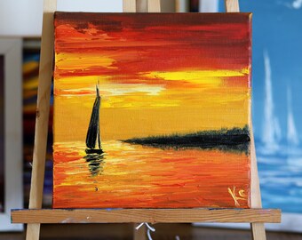オレンジ色の夕日の海の風景油絵、オリジナルキャンバスの海のアート