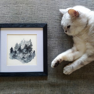 Pino albero pittura originale, foresta nebbiosa acquerello mini opera d'arte, paesaggio astratto minimalista foresta arte murale, pino schizzo