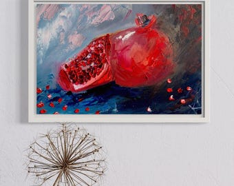Pomegranate oil painting original, red pomegranate wall art Fruit Still Life decor, kitchen wall art, food painting, gift for grandmother