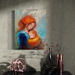 母と子の抱擁、キャンバスに描かれたテクスチャのある油絵、温かみのある表現主義アート、母性、赤ちゃんの感情的な油絵、テクスチャのあるキャンバスアート