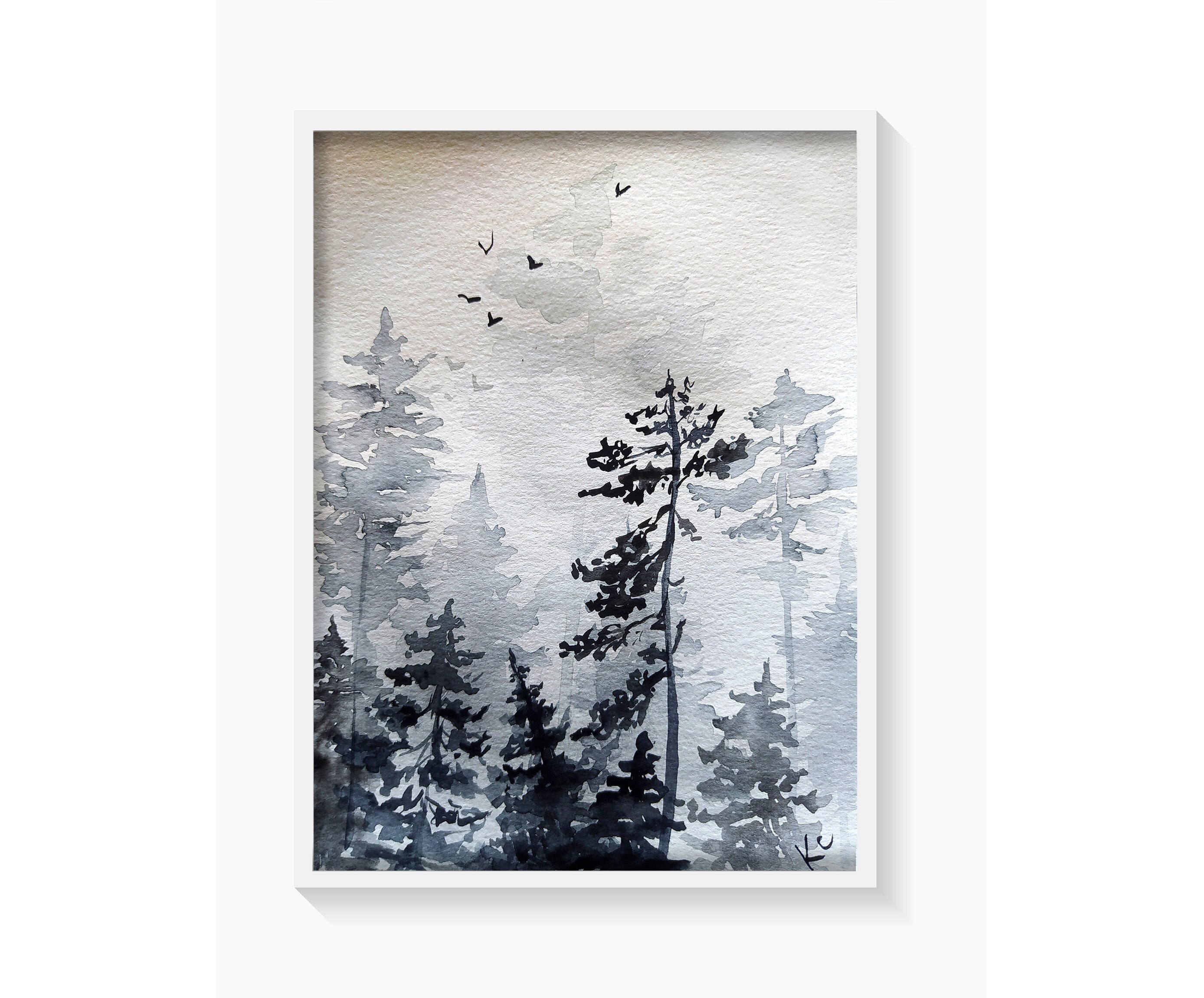 Pine Tree Watercolor Painting Original, Misty Forest Wall Art, Neutral ...