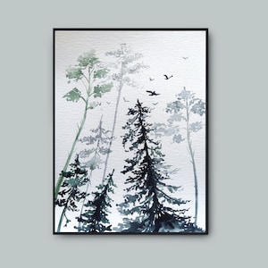 Pino arte acquerello pittura originale, arte murale minimalista, decorazione della parete della foresta nebbiosa, alberi sempre verdi belle arti, paesaggio neutro mini