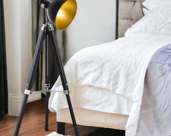 Floor Lamp for Living Room: Tripod Spotlight Reading Lamp with Wood Legs Metal Shade Adjustable Height Angle for Bedroom, Home Office